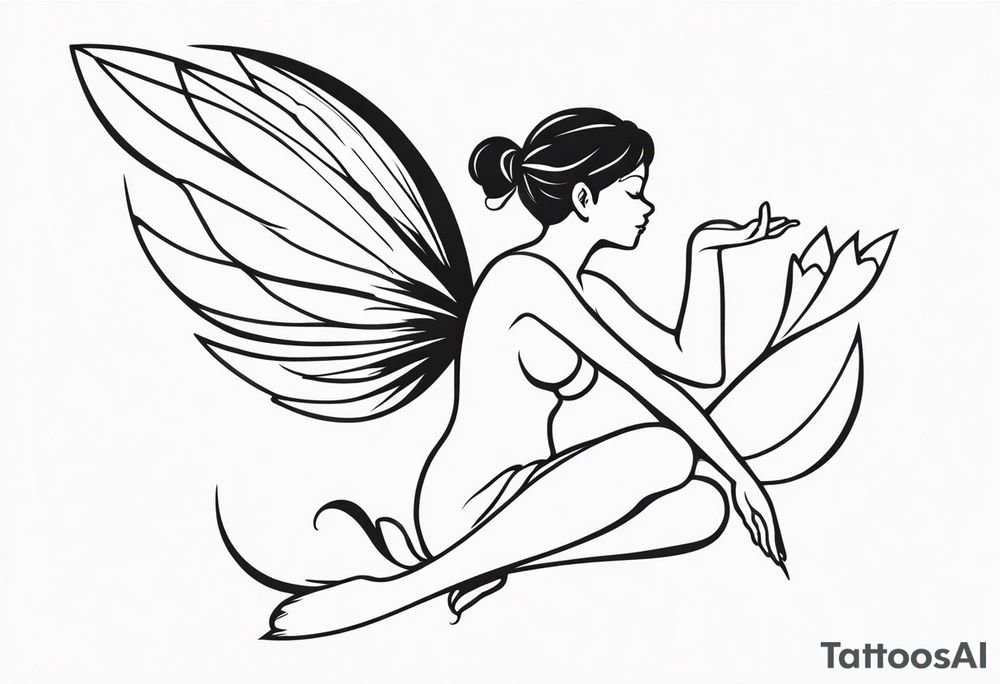 Minimalistic, monochromatic fairy with a tail flying to the left in a fetal position, leaning and looking in the same direction, with visible hands, embodying the 'Fairy Tail' logo aesthetic. tattoo idea