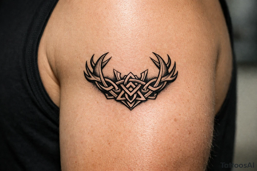 Caribou antler in Norse knot work open line concept stipple shading tattoo idea