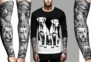 (full arm sleeve on guy) with (4) Four Great Dane floppy ear dogs with an outdoor vibe tattoo idea