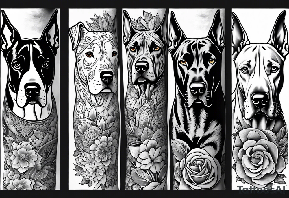 Arm sleeve that has 4 separate small Great Dane heads mixed in with other fill work that resembles the outdoors tattoo idea
