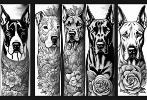 Arm sleeve that has 4 separate small Great Dane heads mixed in with other fill work that resembles the outdoors tattoo idea
