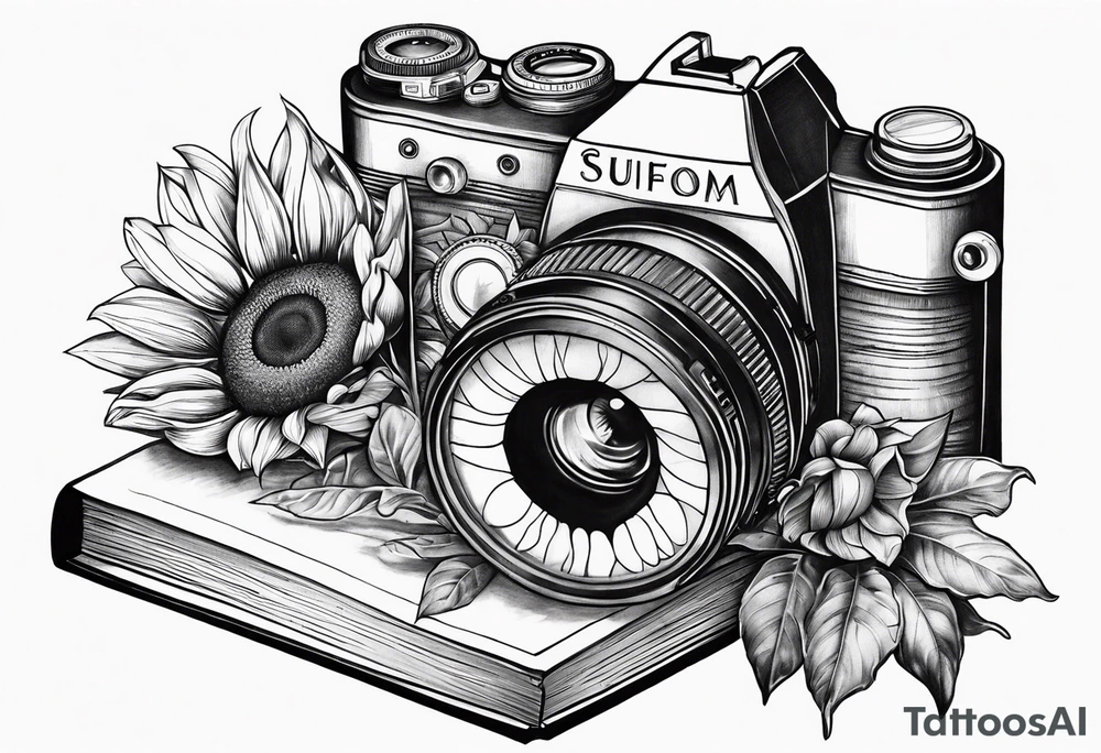 sunflower, book, camera, fish tattoo idea