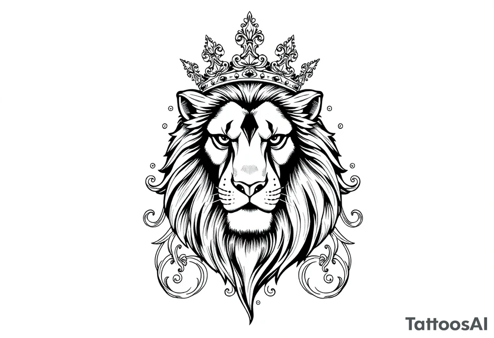 majestic lion wearing ornate crown, surrounded by baroque flourishes tattoo idea