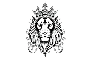 majestic lion wearing ornate crown, surrounded by baroque flourishes tattoo idea