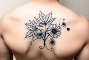 Arm decorated with Maple leaves and gerbera daisies connected with thin swirly lines tattoo idea