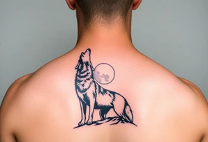 lone wolf howling at full moon with northern lights backdrop tattoo idea