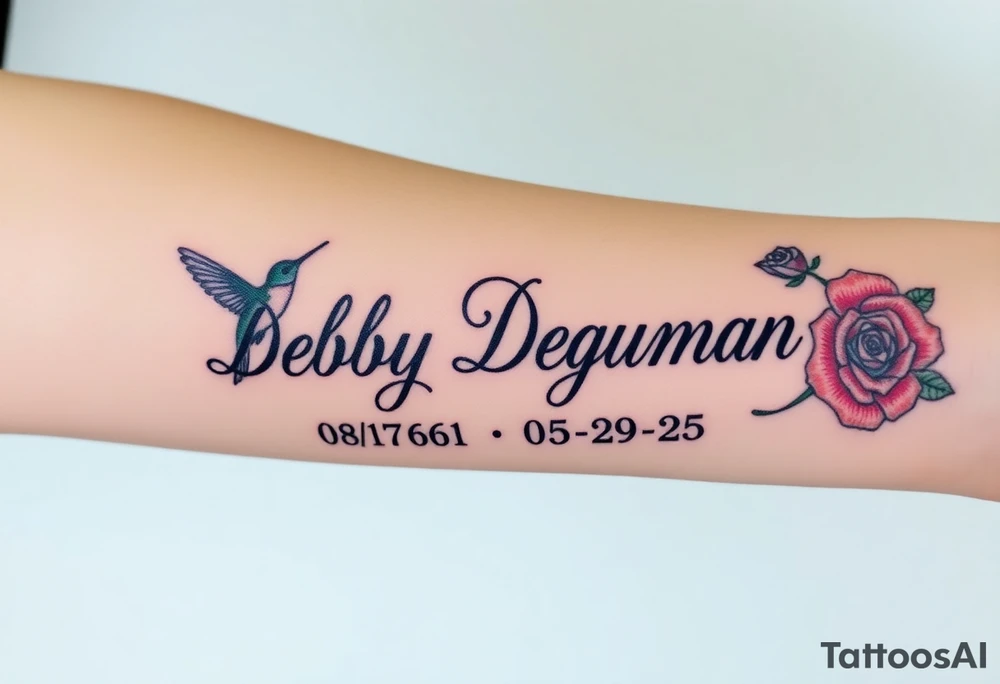 Tattoo of the exact name Debby Deguzman in chunky curly cursive with the exact dates of 08/17/61-05/29/25 surrounded by 1 hummingbird and 1 rose tattoo idea