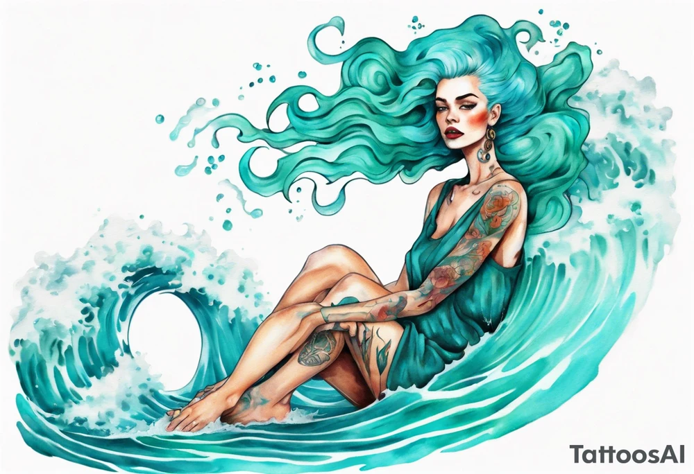 a tall woman made of water with turquoise hair sitting upon a wave tattoo idea