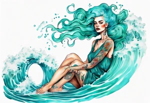 a tall woman made of water with turquoise hair sitting upon a wave tattoo idea