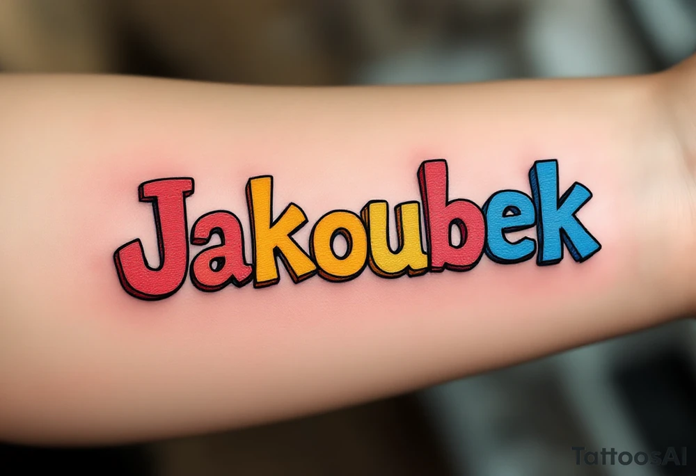 Jakoubek name styled as wooden toy blocks, colored in primary red, yellow, and blue. tattoo idea