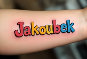 Jakoubek name styled as wooden toy blocks, colored in primary red, yellow, and blue. tattoo idea