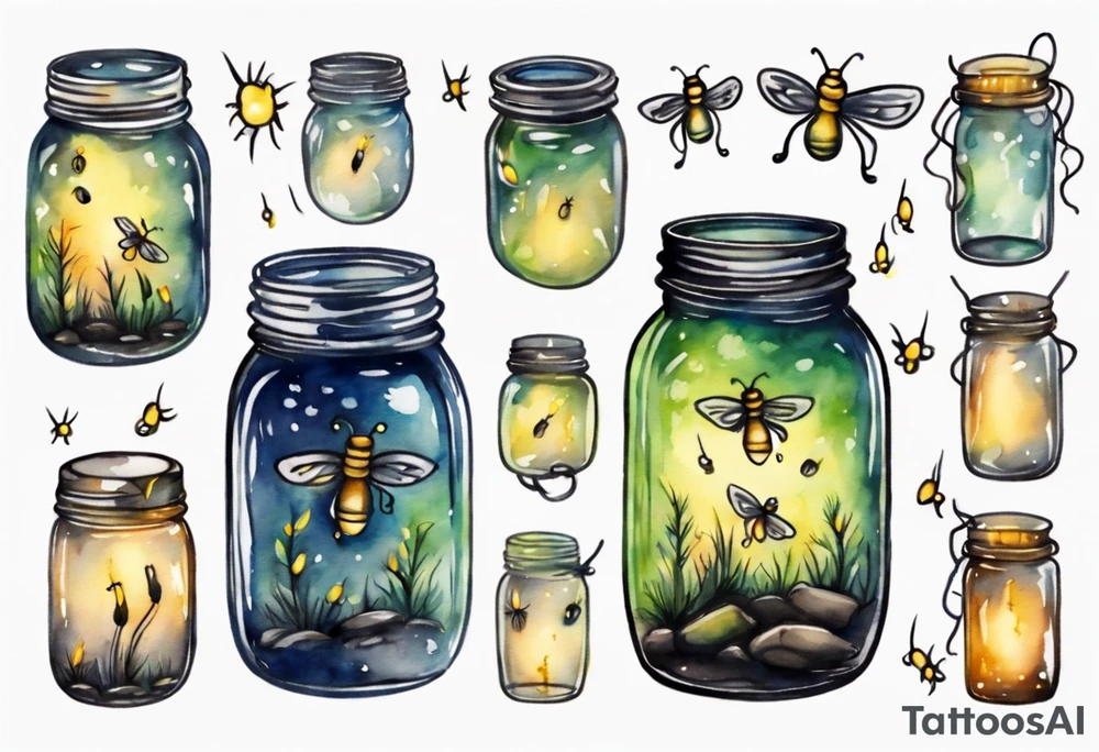 Fireflies coming out of a mason jar and all around the mason jar tattoo idea