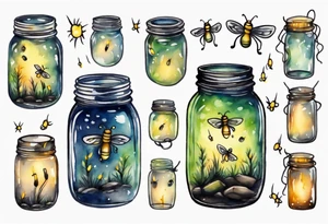 Fireflies coming out of a mason jar and all around the mason jar tattoo idea