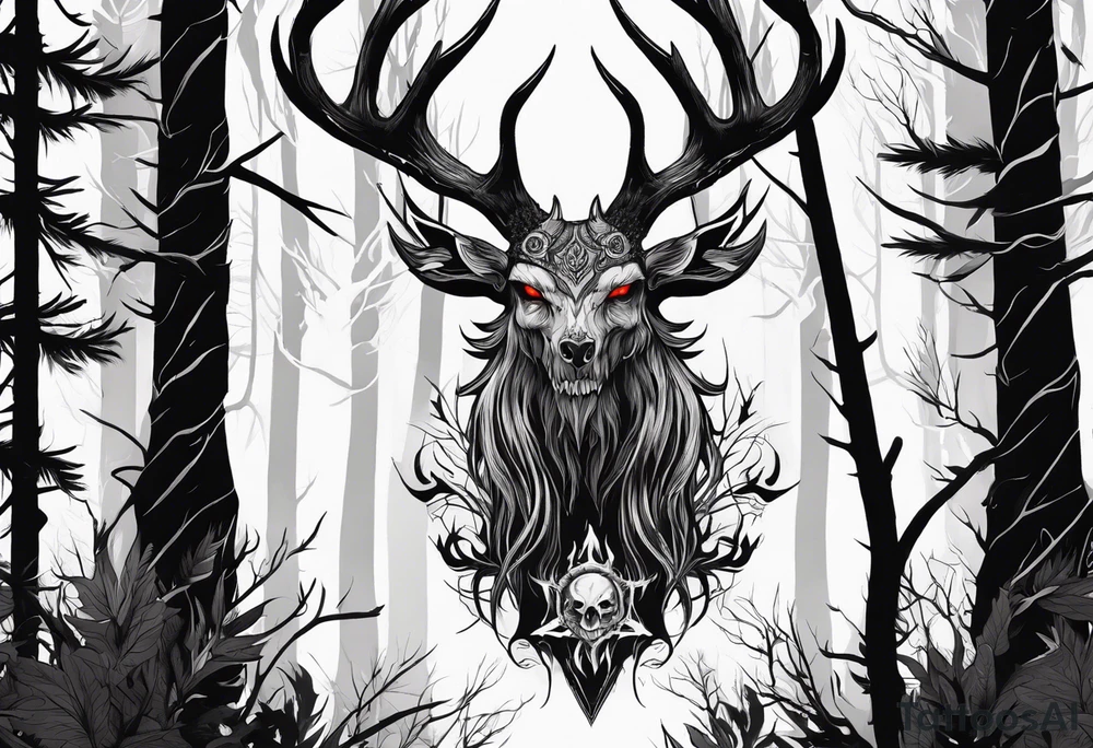 A wendigo with a skull head with flames behind in a forest tattoo idea