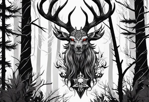 A wendigo with a skull head with flames behind in a forest tattoo idea