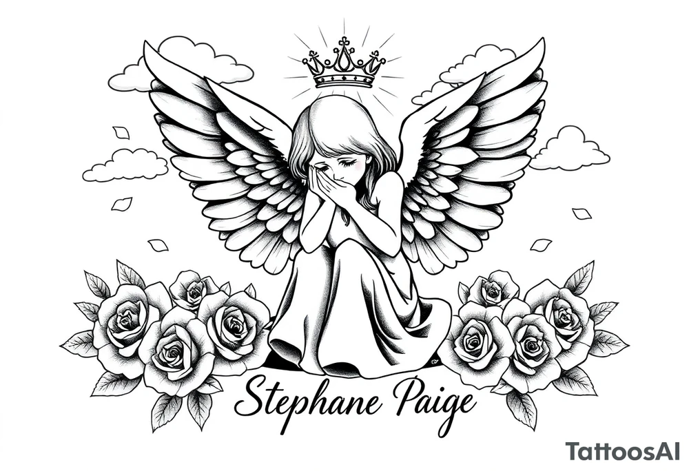 A beautiful memorial tribute tattoo with a fallen angel with big beautiful wings kneeled down crying with roses all around and clouds above and beams of haven shining down. With the saying " You were my favorite hello,and my hardest goodbye.Until we meet again,my sweet girl,rest easy" with the name Stephanie Paige underneath the saying ,all in bold beautiful writing or font. Add a bold crown at the top of it all and any extras you feel would blend or go with this idea. tattoo idea