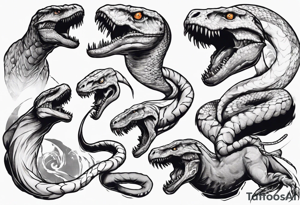 Huge prehistoric snake fighting T rex tattoo idea
