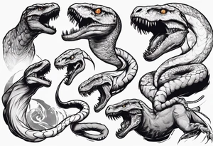 Huge prehistoric snake fighting T rex tattoo idea