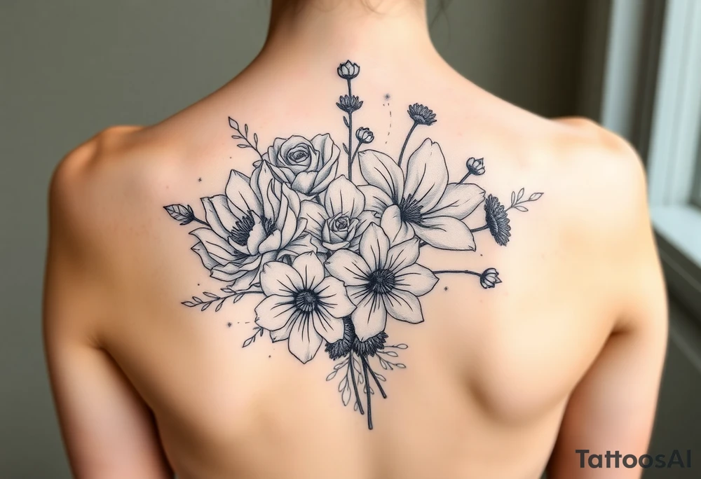 3d realistic Bouquet of flowers with a Carnation, rose, lily, luster, and aster flower tattoo idea