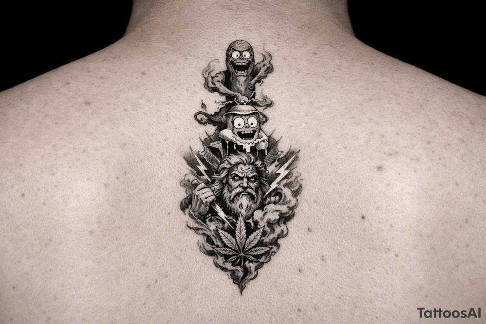 From a gene lamp out comes pickle rick then melts into a stick of morty butter then explodes into Zeus then withers away into weed smoke tattoo idea