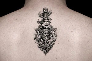 From a gene lamp out comes pickle rick then melts into a stick of morty butter then explodes into Zeus then withers away into weed smoke tattoo idea