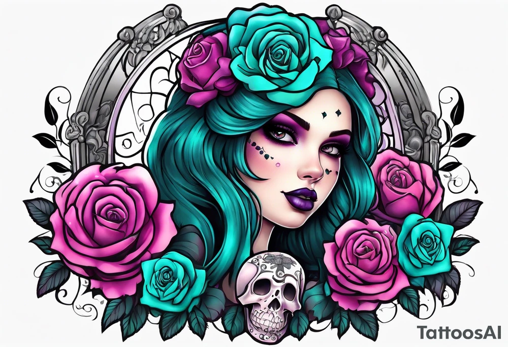 Chubby gothic girl, roses, skulls, teal, pink, purple tattoo idea