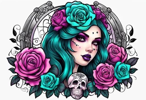 Chubby gothic girl, roses, skulls, teal, pink, purple tattoo idea