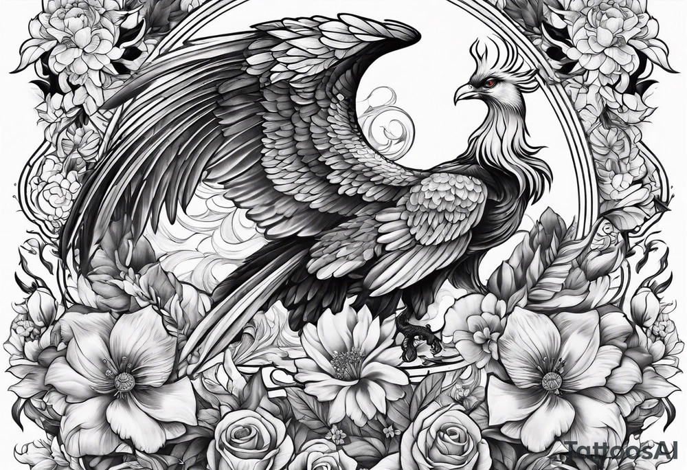 Sleeve with Libra and Phoenix with flowers tattoo idea