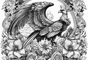 Sleeve with Libra and Phoenix with flowers tattoo idea