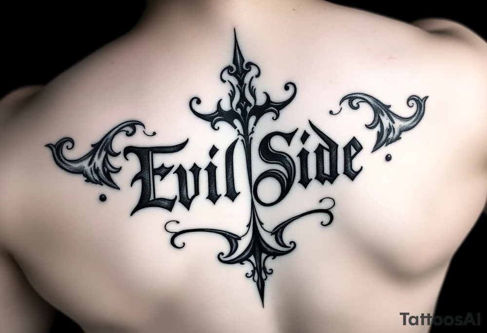 powerful bold cover up saying Evil Side black and white with shading and smokearound it tattoo idea