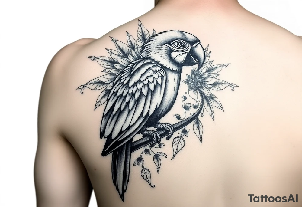 I want to create a complex tattoo to surround an existing tattoo of a very colorful parrot on my right bicep tattoo idea