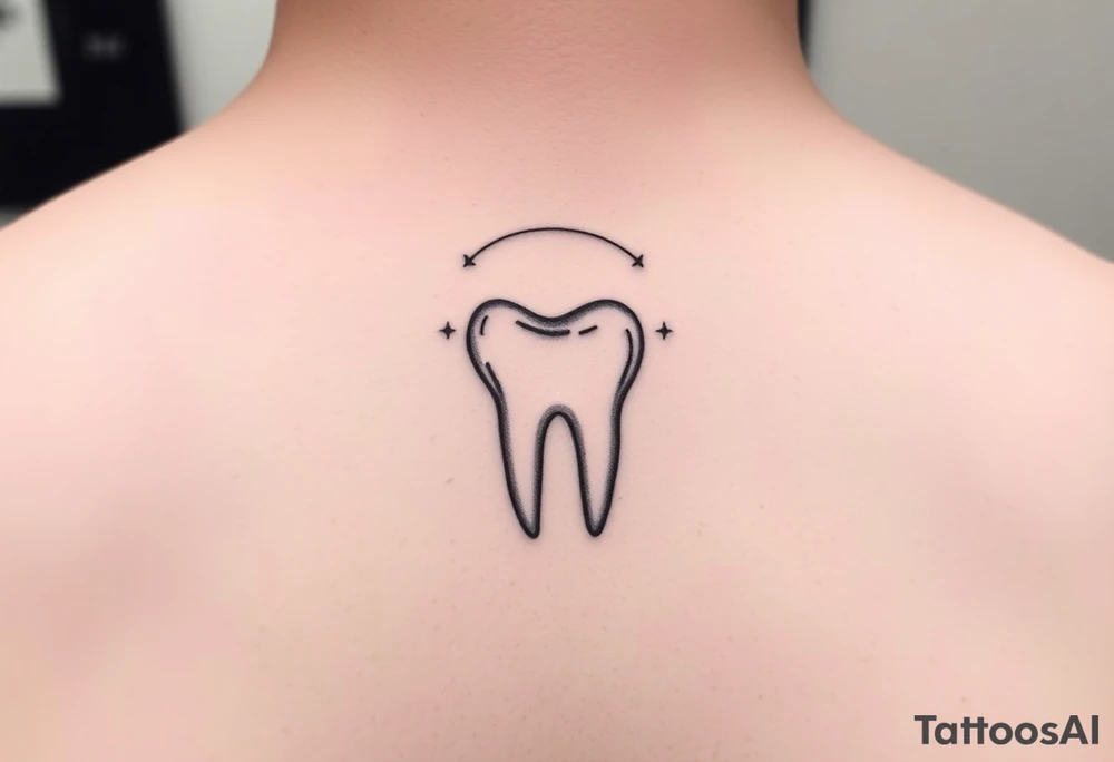Ultra-minimalist molar tooth with a thin curved line forming a halo above, and two small dots on each side like distant stars, refined and elegant.” tattoo idea