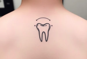 Ultra-minimalist molar tooth with a thin curved line forming a halo above, and two small dots on each side like distant stars, refined and elegant.” tattoo idea