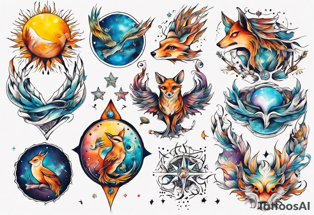 fisch, fuchs und eule , symetrie  sonne, universum, bunt tattoo idea