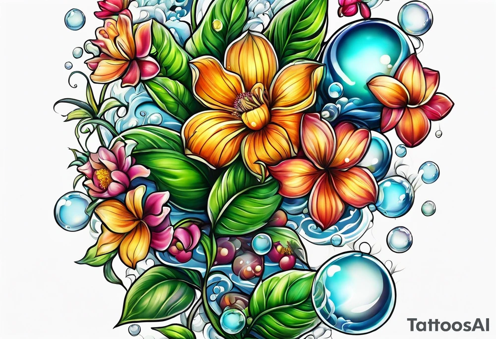 Bubbles organic plants and flowers tattoo idea