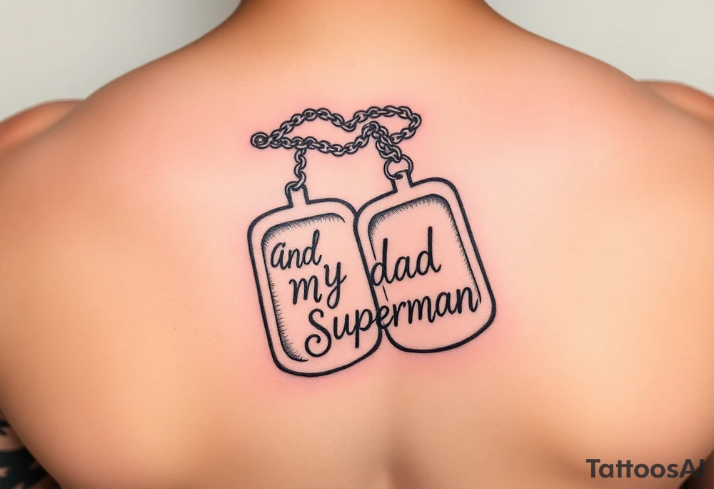 in pencil led draw "Marine soilder, my dad, my superman" inside the dogtags tattoo idea