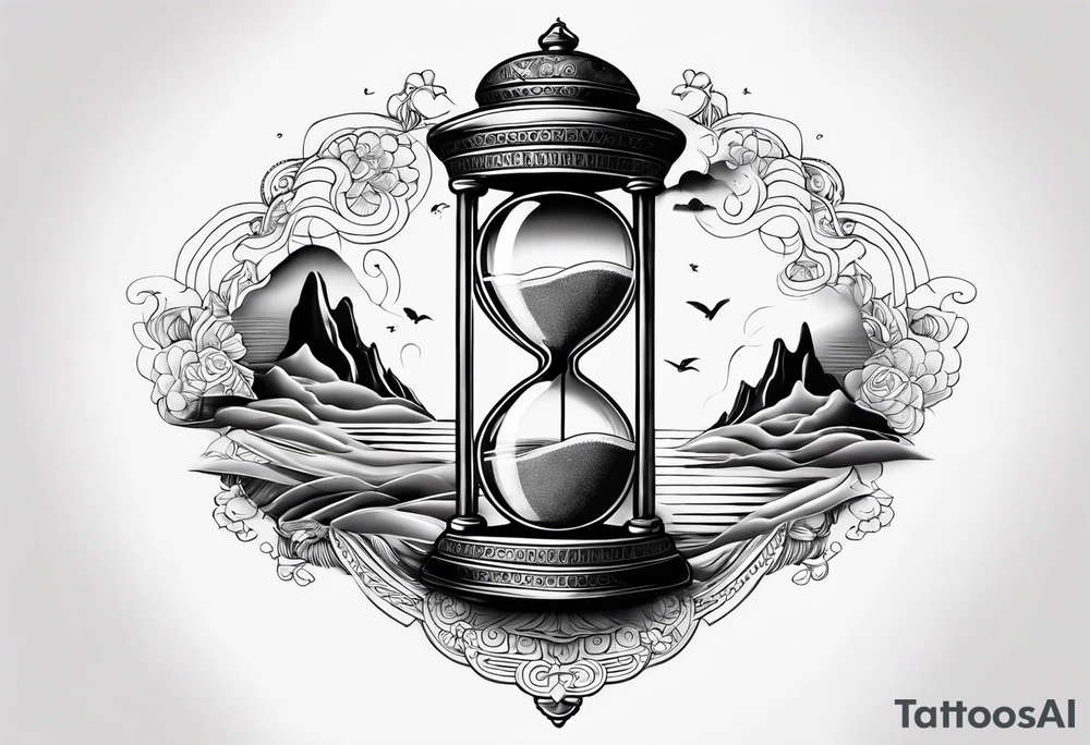 Make time count. watch and sand flying around hourglass tattoo idea