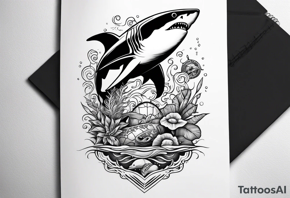 a half sleeve under forearm with a tiki, a great white shark, a turtle, and other sea life set under water tattoo idea
