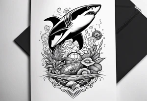 a half sleeve under forearm with a tiki, a great white shark, a turtle, and other sea life set under water tattoo idea
