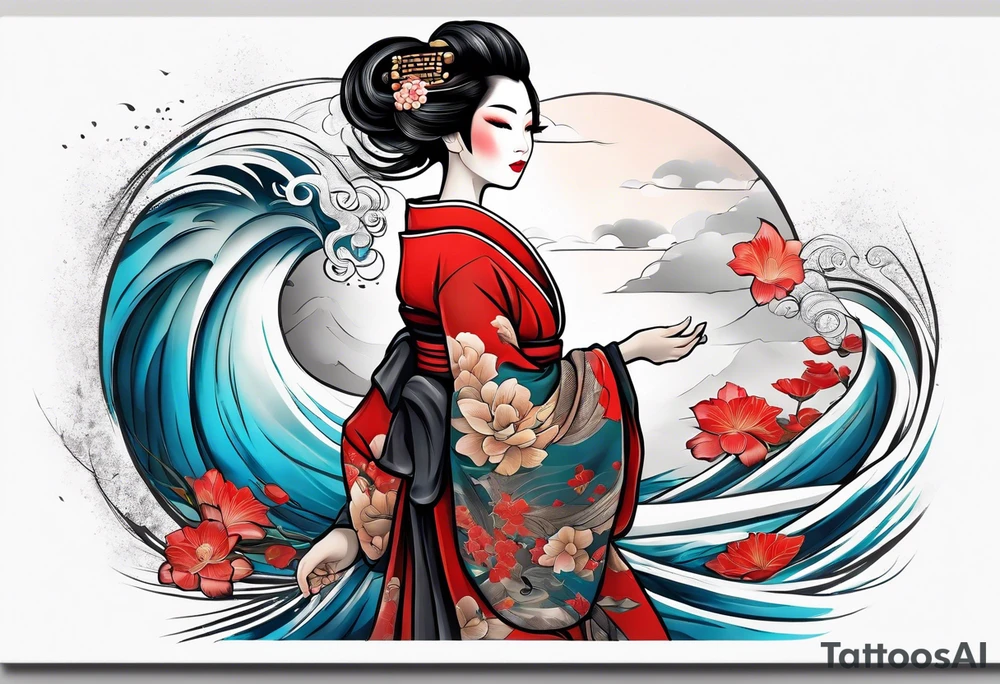geisha girl that is also a Japanese waterfall tattoo idea