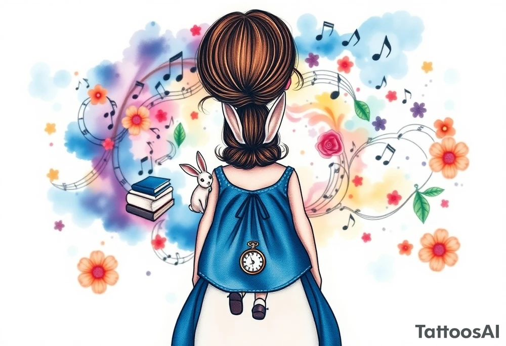Back view of the silhouette of a brown hair girl in a blue dress. She is following a small white rabbit towards a magical colorful swirl of music notes, books, and flowers. A pocket watch is at the end of the swirl. tattoo idea