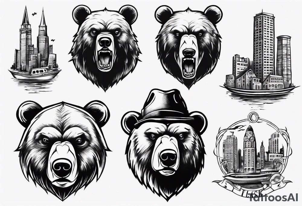 Serious bear coming up behind a city tattoo idea