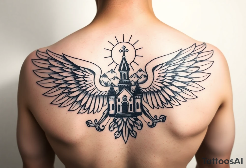 russian coat of arms with the eagles wings spanning out on my back neck across my shoulders / traps with a orthodox christian church being visible in a mountainous sun beaming setting, with the russian orthodox cross spire of the orthodox church being visible on my neck with a sun beaming in the background that the cross sits inside tattoo idea