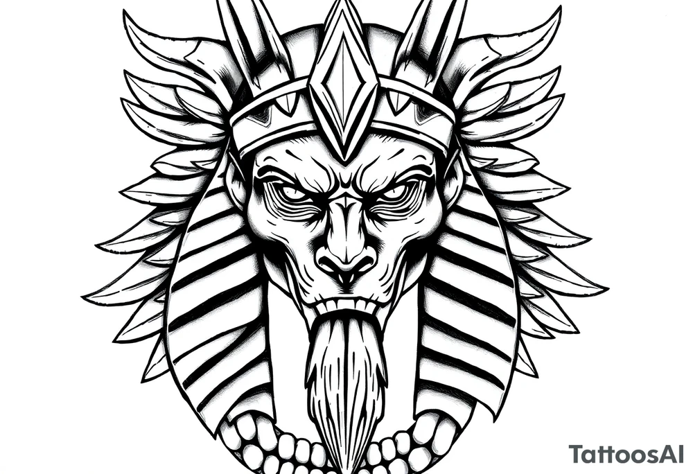 powerful majestic square muscle anubis Egyptian god face mix with joker
without eyes with mantle on head tattoo idea