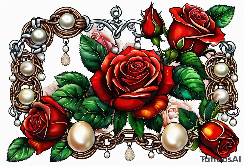 Red roses with a chain made of pearls and seashells tattoo idea