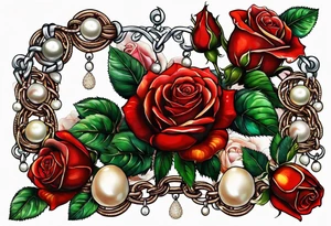 Red roses with a chain made of pearls and seashells tattoo idea