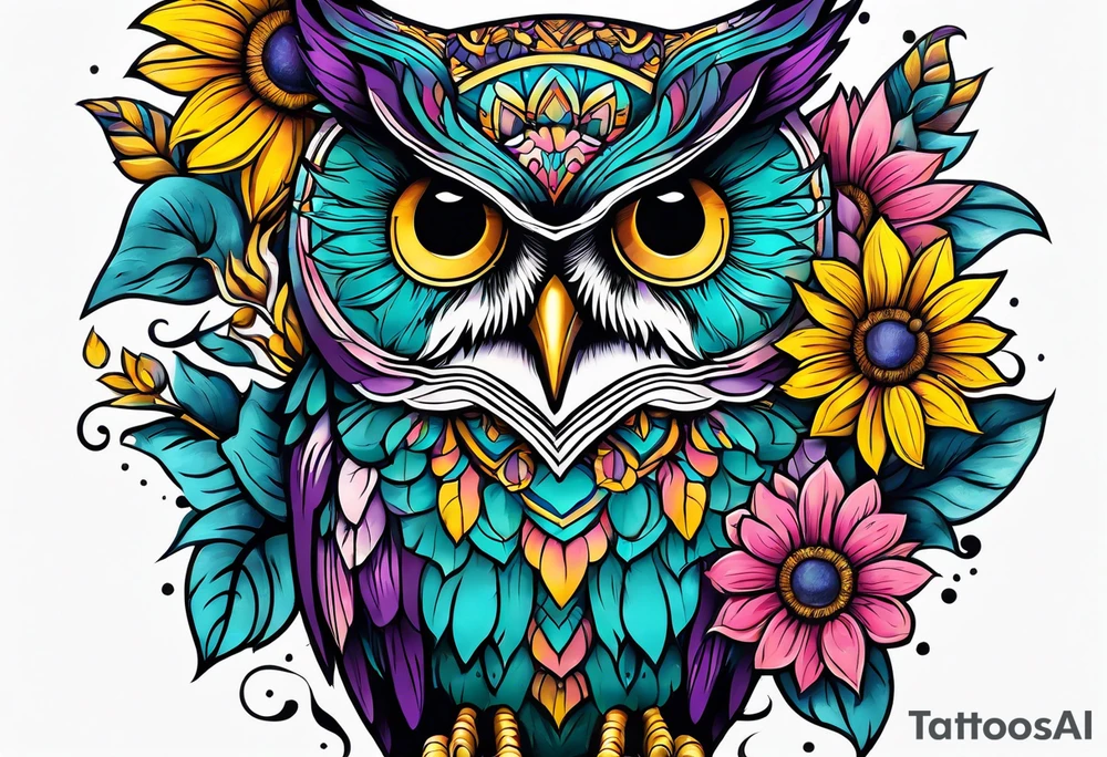 Leg Sleeve with teal, pink and purple owl and yellow sunflowers tattoo idea