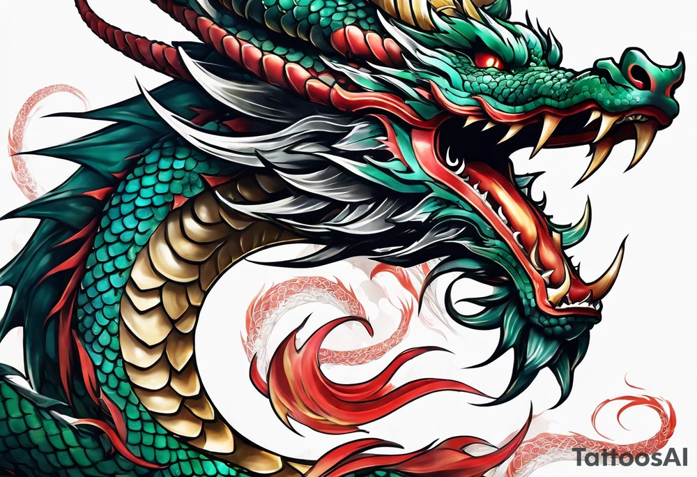 An epic floating asian dragon. Its long body coiling dynamically, with scales and horns detailed to create a sense of movement and strength. The dragon's color is giving a vibrant depth and a mystical aura. This tattoo highlights the dragon’s fierce expression and sharp claws. tattoo idea