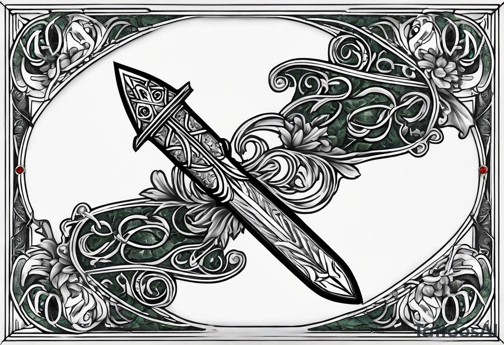 An athame dagger with an oak hilt turned upright and emerald gemstones on it tattoo idea