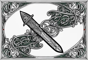 An athame dagger with an oak hilt turned upright and emerald gemstones on it tattoo idea